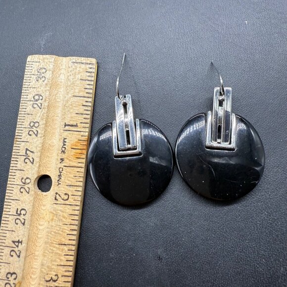 Round Black & Silver Drop Earrings Classic modern - Picture 2 of 3